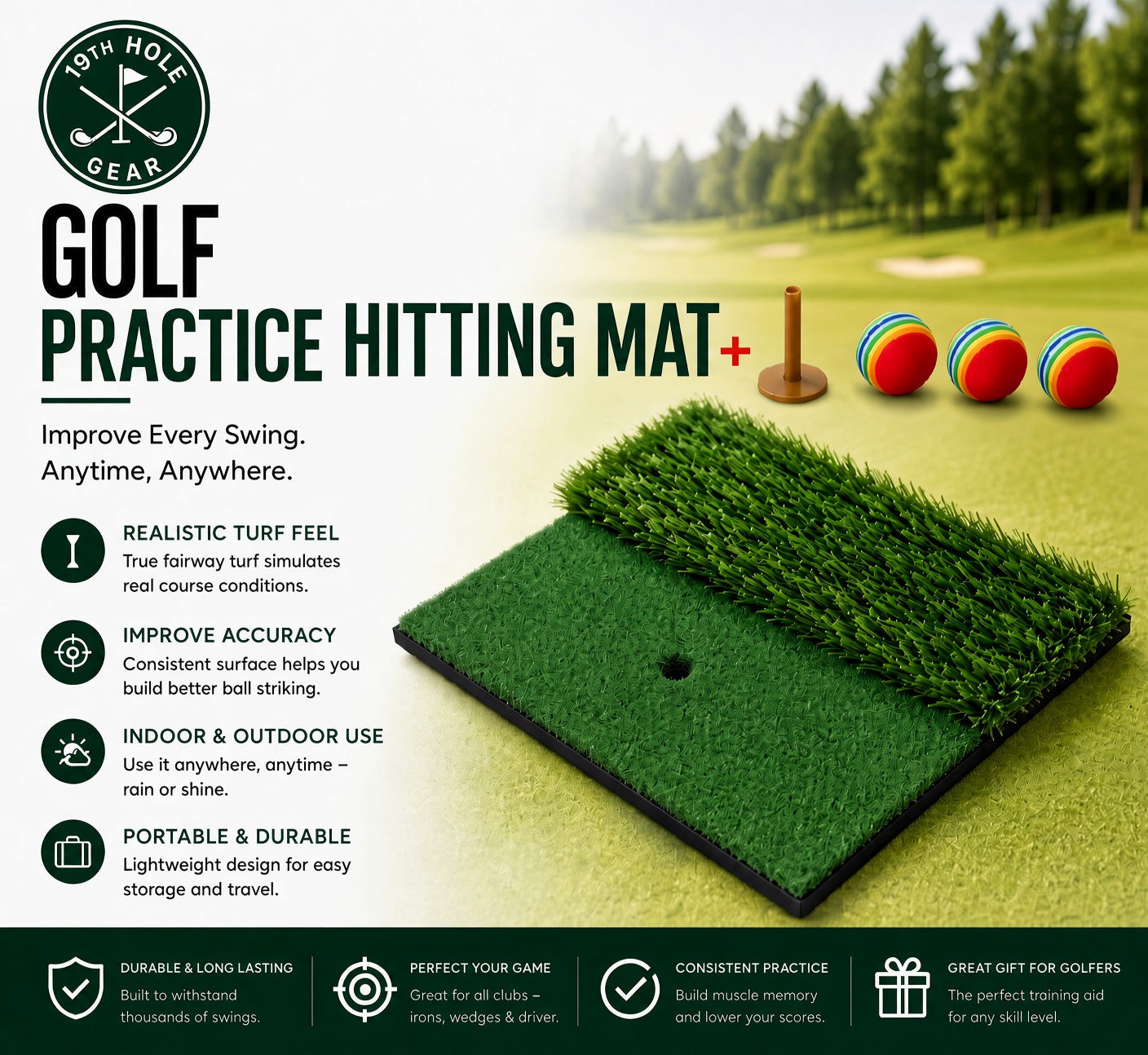 Golf Practice Hitting Mat with Tee & Turf – Indoor & Outdoor Training Aid